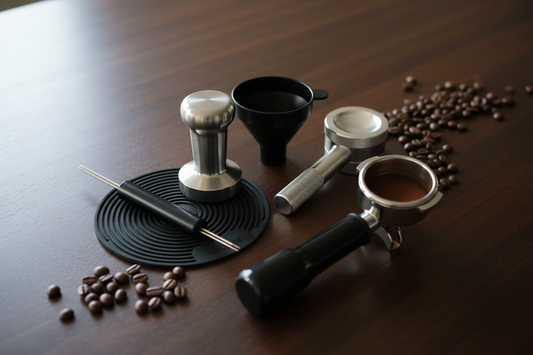 Essential home barista tools under $100 including espresso tamper, WDT distribution tool, dosing funnel, and coffee leveler arranged on wooden counter