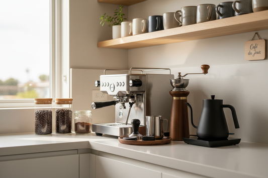 Modern home coffee bar with espresso machine, grinder, and organized accessories on kitchen counter