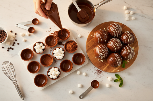 Step-by-step hot chocolate bomb making process showing silicone sphere molds filled with cocoa powder and marshmallows on marble countertop