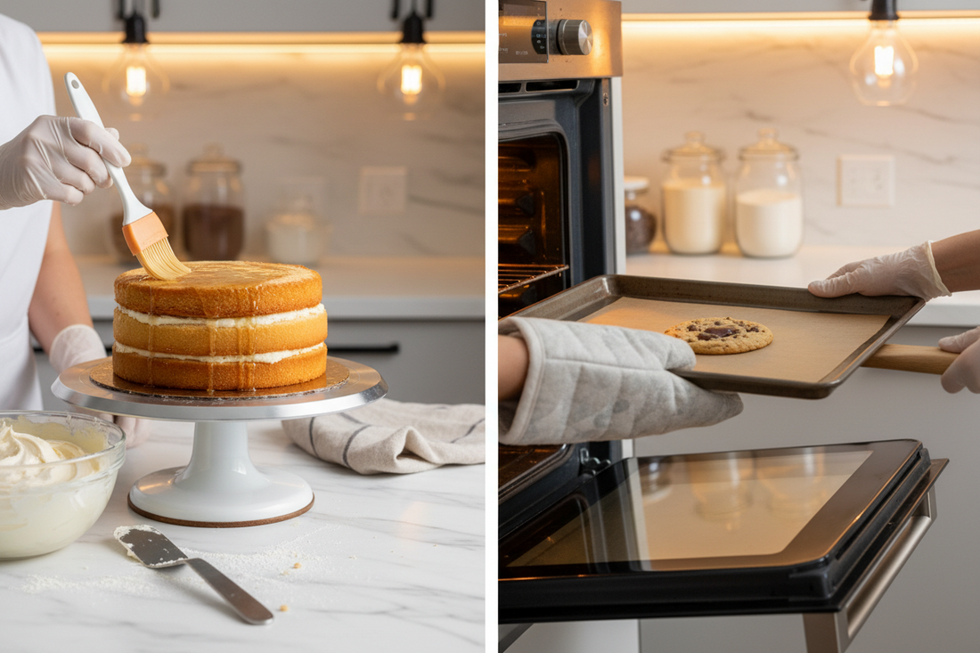 Split scene showing techniques to rescue overbaked goods with syrup and frosting on left, and underbaked cookies being returned to oven on right.