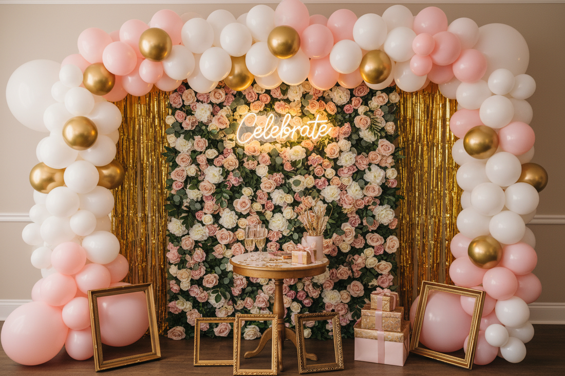Instagram-worthy party photo backdrop featuring pastel pink and gold balloon garland, lush floral wall with roses and peonies, glowing neon Celebrate sign, and metallic fringe curtains with vintage gold frame props
