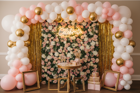 Instagram-worthy party photo backdrop featuring pastel pink and gold balloon garland, lush floral wall with roses and peonies, glowing neon Celebrate sign, and metallic fringe curtains with vintage gold frame props