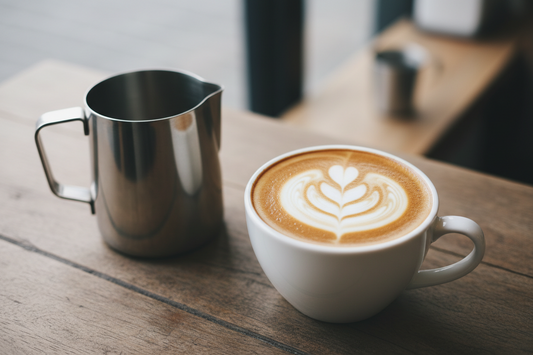 Perfect heart-shaped latte art in white cup with milk pitcher on wooden table