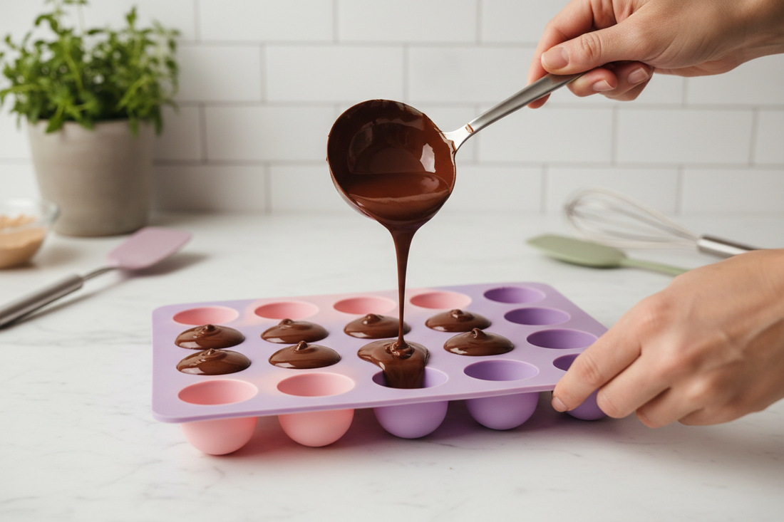 Hands pouring melted chocolate into pink and purple semi-sphere silicone molds for hot chocolate bombs tutorial