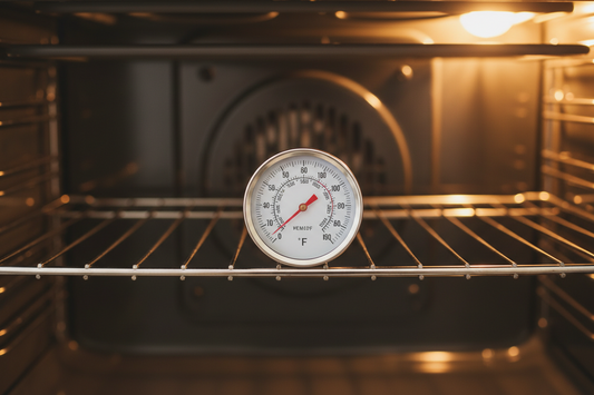 Professional oven thermometer positioned on middle rack showing accurate temperature reading for perfect baking results