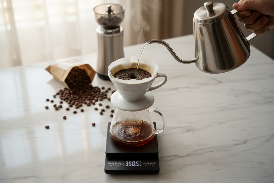 Complete pour over coffee setup with gooseneck kettle pouring water into V60 dripper on digital scale with coffee grinder and fresh beans