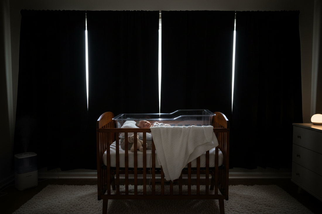Premature baby sleeping peacefully in a completely darkened nursery with blackout curtains