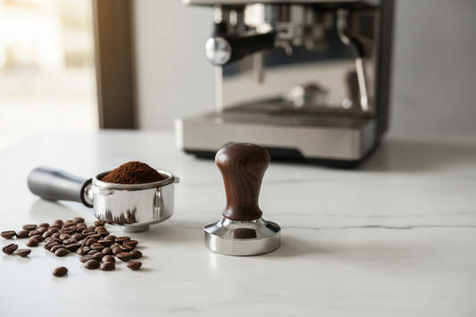 Premium stainless steel coffee tamper with wooden handle next to portafilter filled with ground espresso on marble counte