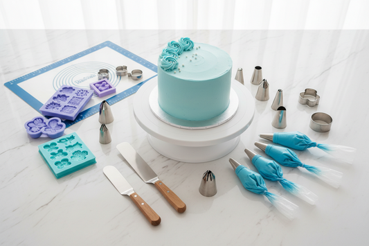 Professional cake decorating tools including piping bags, spatulas, and turntable on marble surface