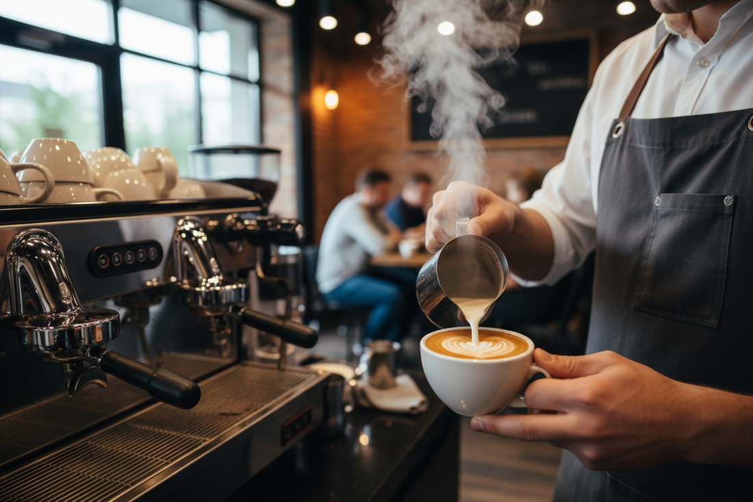Professional barista creating perfect microfoam with steam wand for latte art
