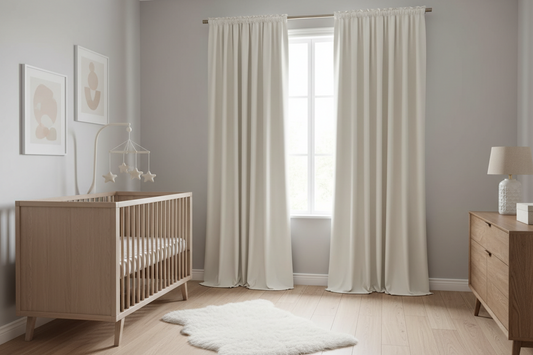 Safe nursery room featuring cordless blackout curtains with crib positioned away from window