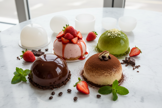 "Assorted semi-sphere dome desserts including chocolate mirror glaze, strawberry cheesecake, and matcha spheres displayed with silicone molds on marble surface