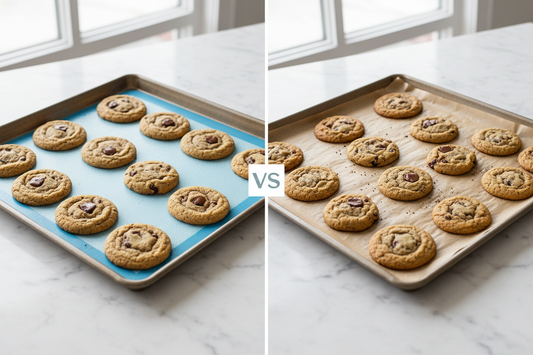 Side-by-side comparison of silicone baking mat and parchment paper with freshly baked cookies, showing the differences between reusable and disposable baking surfaces