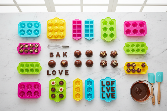 Colorful silicone baking molds including semi-sphere molds, chocolate bar molds, and flower-shaped molds arranged on white marble countertop with finished chocolate treats and baking tools