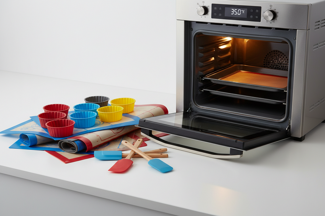 Premium silicone baking molds and tools displayed with temperature guide showing oven-safe heat resistance ratings for professional kitchen use