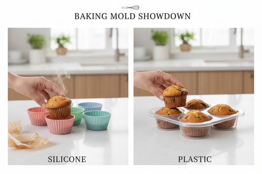 Side-by-side comparison of flexible silicone baking molds and rigid plastic molds on kitchen counter, showing muffins being released from non-stick silicone mold