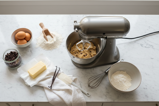 "BakeHaus stand mixer on marble counter surrounded by baking ingredients including flour, eggs, and butter" 