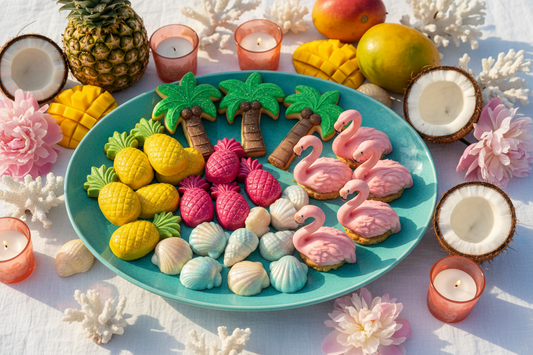 Colorful tropical candy molds and beach themed desserts including pineapple chocolates, seashell treats, and flamingo candies arranged on turquoise platter for summer party