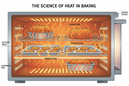 Scientific illustration of heat distribution in baking showing conduction, convection, and radiation in an oven