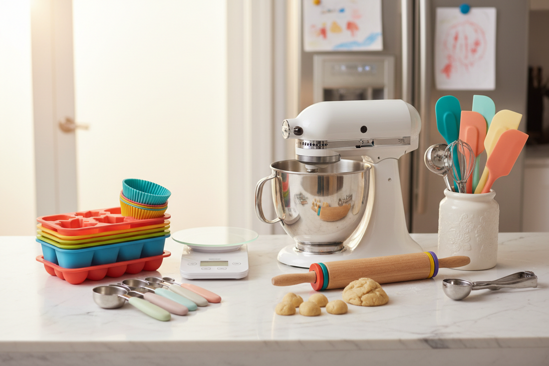 Modern kitchen countertop displaying essential time-saving baking tools including silicone molds, digital scale, stand mixer, spatulas, cookie scoops, and rolling pin arranged on white marble surface