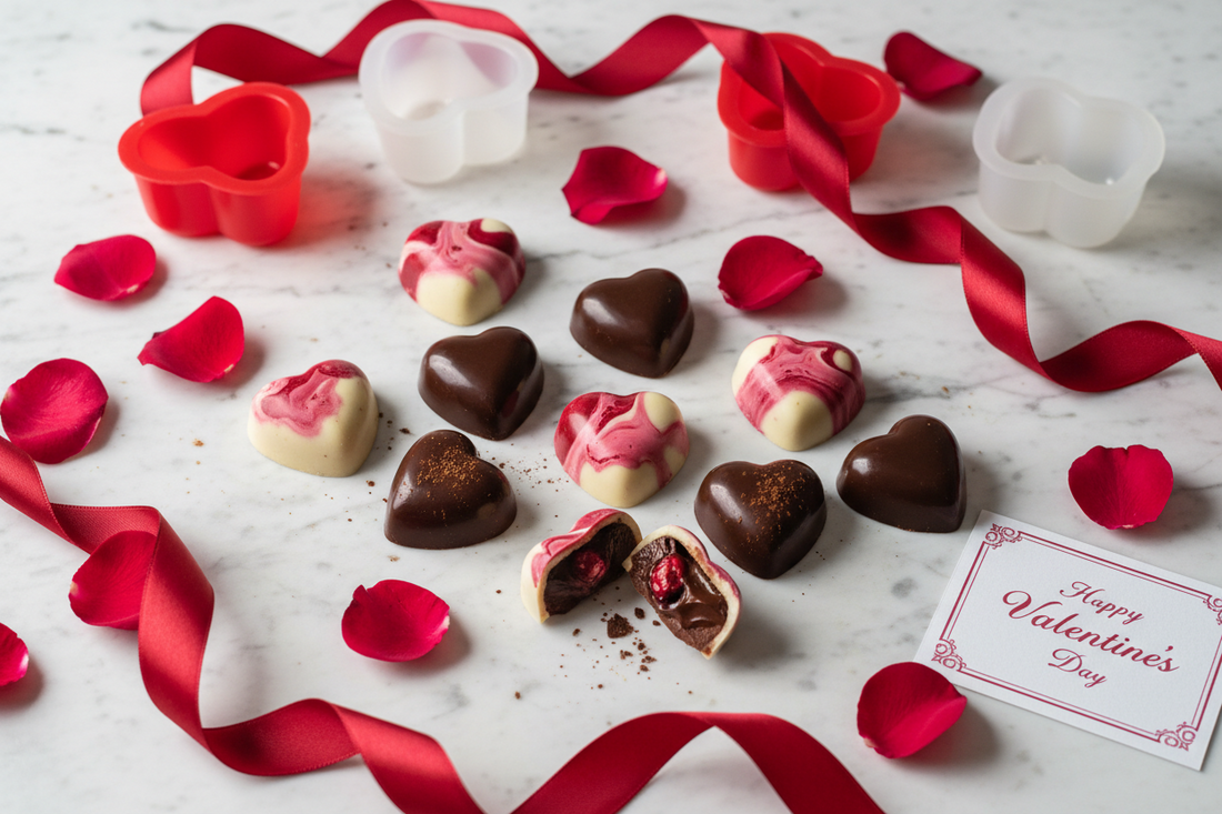 Assorted heart-shaped chocolates made with silicone molds for Valentine's Day, featuring dark chocolate, marbled pink and white chocolate hearts, and filled chocolates on a marble surface with rose petals