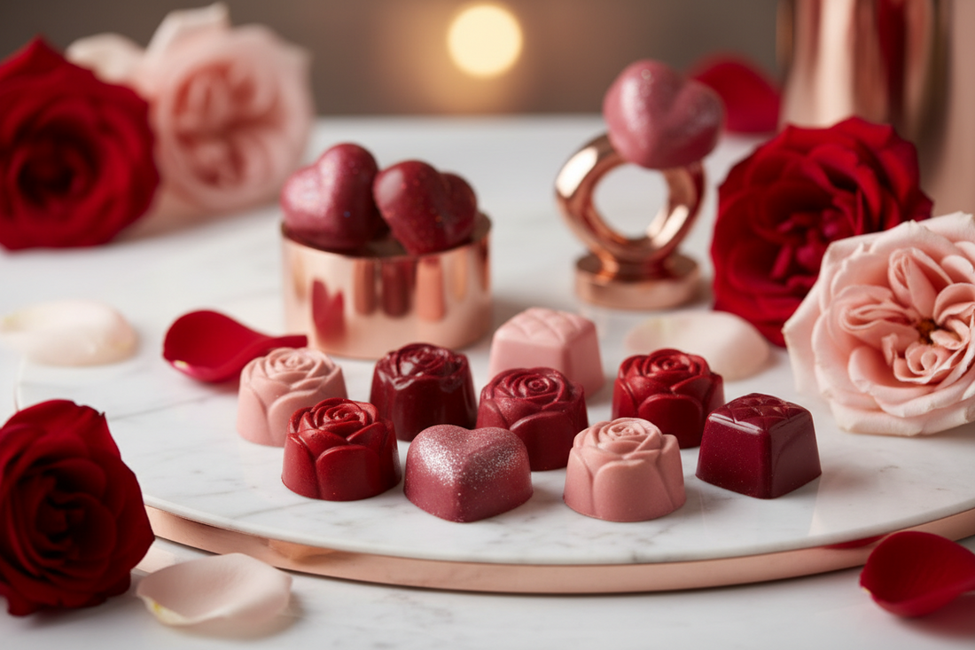 Premium Valentine's Day heart-shaped chocolates and rose truffles with romantic red and pink roses on white marble, luxury chocolate gift display with rose gold accents
