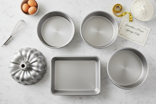 Professional overhead view of various cake pan sizes including 6-inch, 8-inch, and 9-inch round pans, 9x13 rectangular pan, bundt pan, and springform pan arranged on marble countertop with measuring tape and baking ingredients