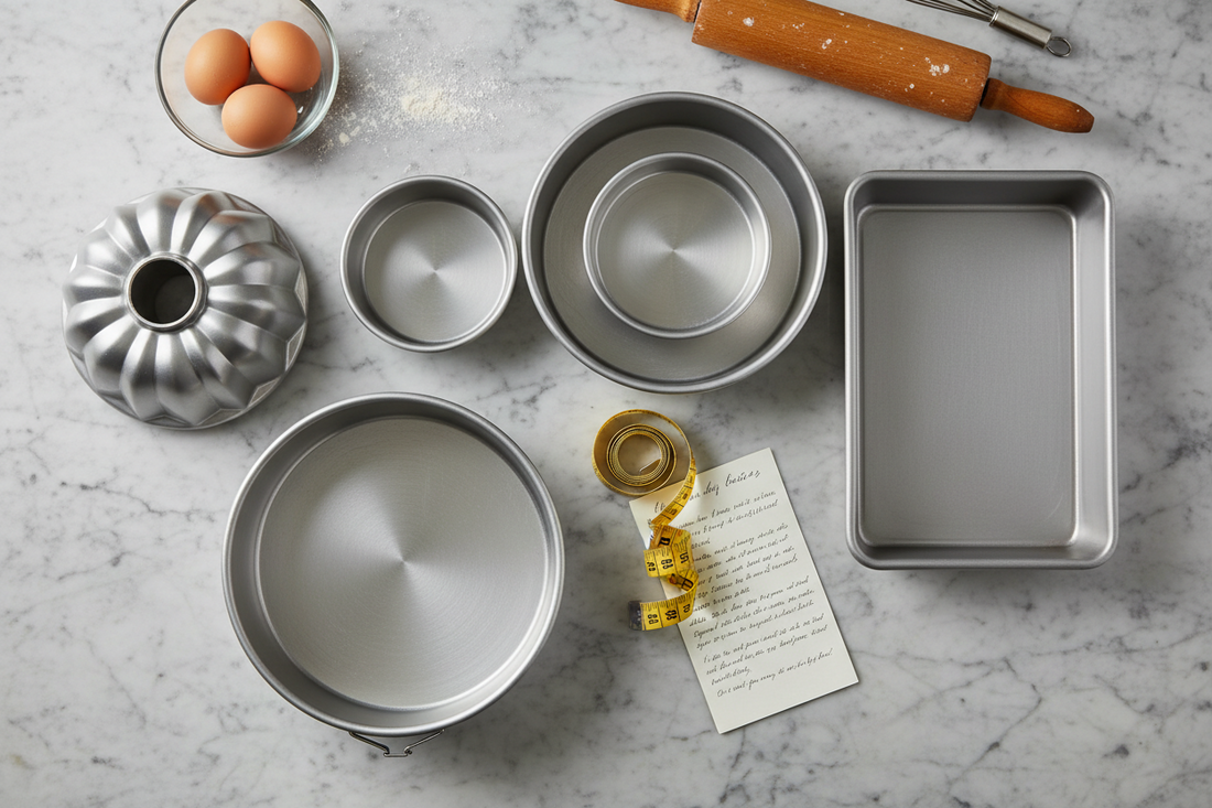 Professional overhead view of various cake pan sizes including 6-inch, 8-inch, and 9-inch round pans, 9x13 rectangular pan, bundt pan
