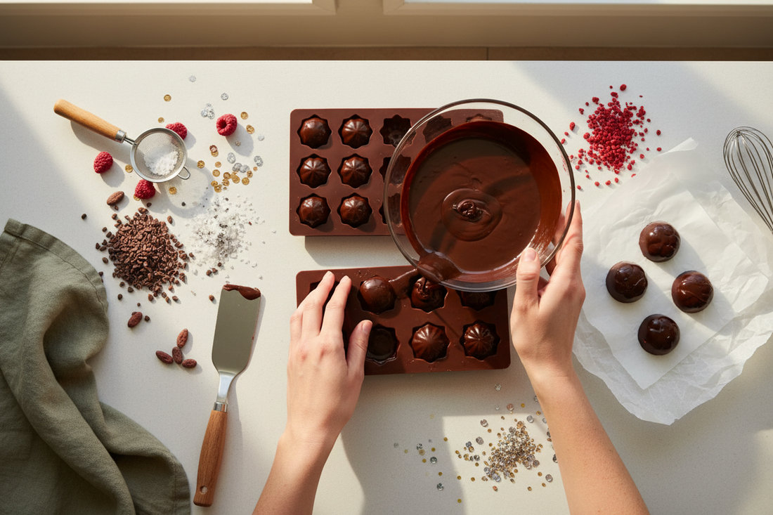 Overhead view of homemade artisan chocolates being crafted with silicone molds on a kitchen counter, featuring tempered dark chocolate, finished glossy bonbons, and ingredients including sea salt and dried berries for a weekend baking project