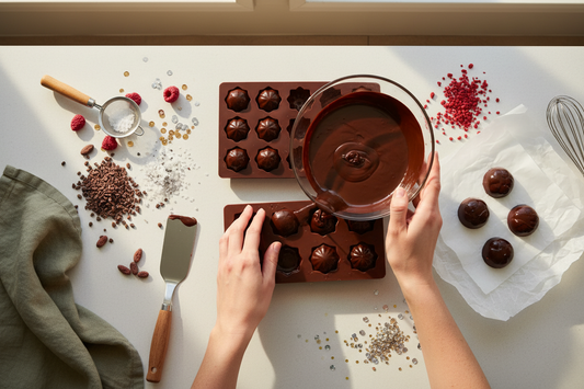 Overhead view of homemade artisan chocolates being crafted with silicone molds on a kitchen counter, featuring tempered dark chocolate, finished glossy bonbons, and ingredients including sea salt and dried berries for a weekend baking project