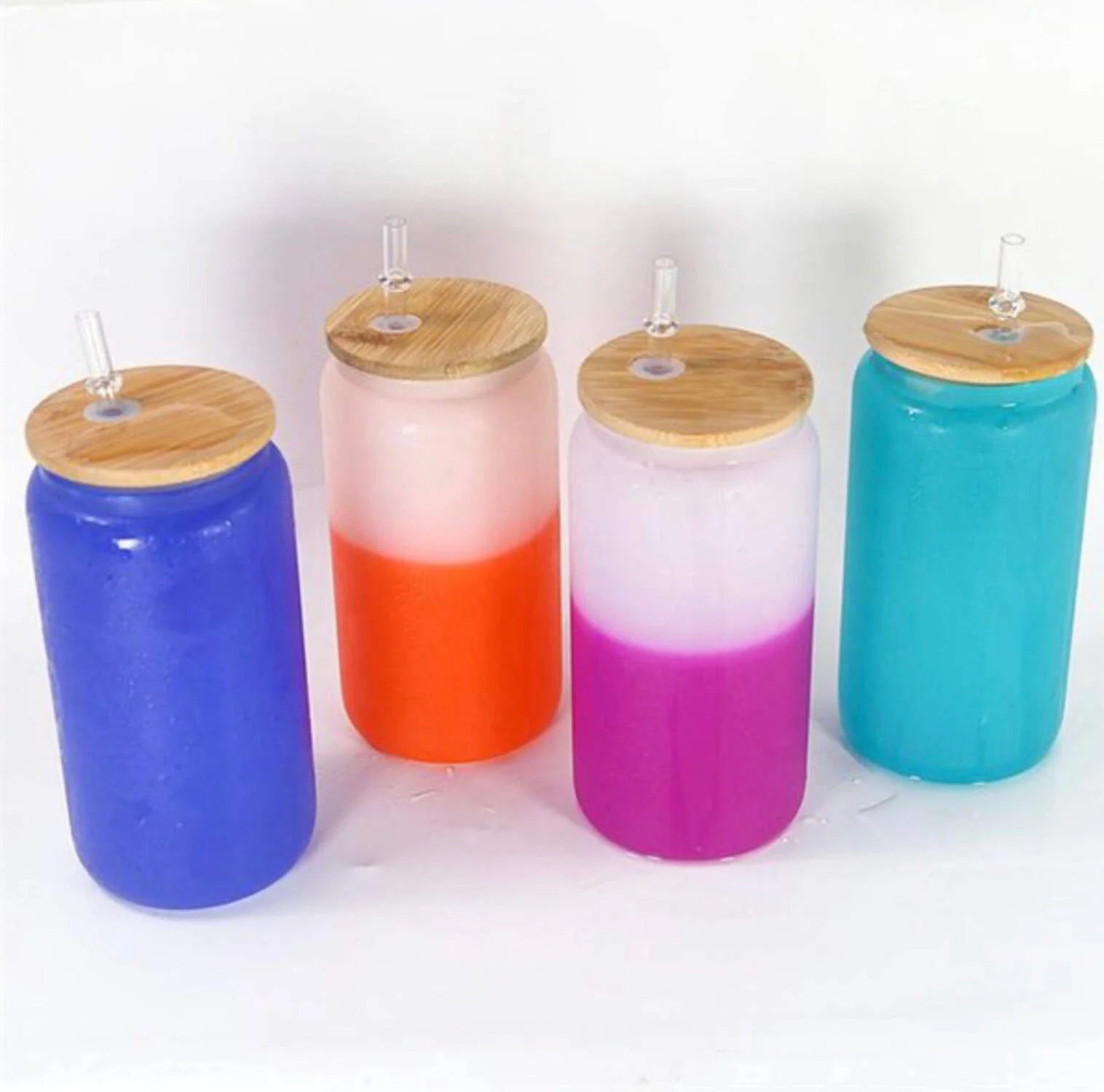 16Oz Blank Sublimation Color Changing Glass Jar Cans Tumblers (Includes Bamboo Lid Straw)