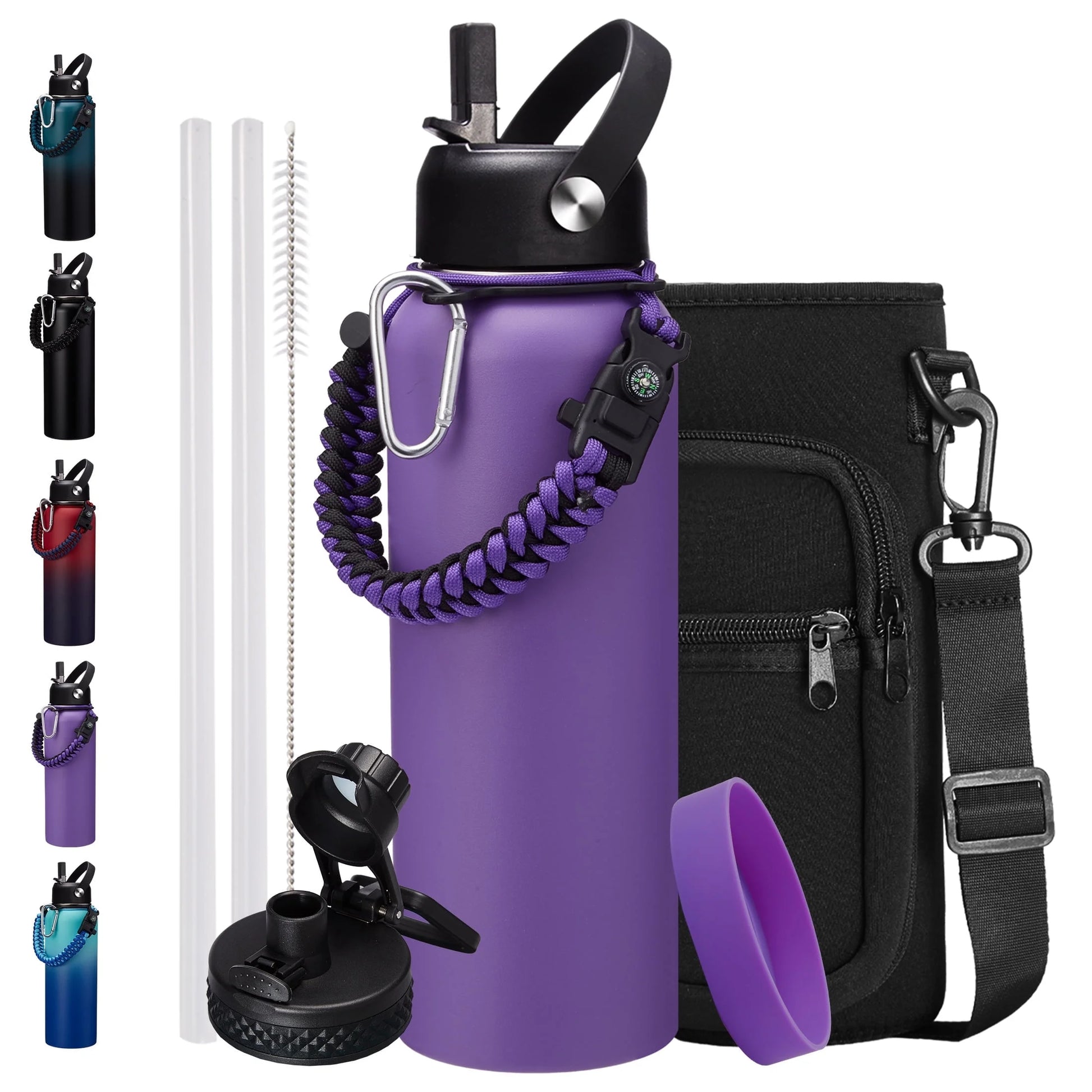 Insulated Water Bottle with Straw - 40 Oz Stainless Steel Water Bottle with Auto Spout Lid, Strap Carrier Bag, Paracord Handle, Protective Cup Mat, Leak-Proof Metal Jug Keep Cold 48H Hot 24H, Purple