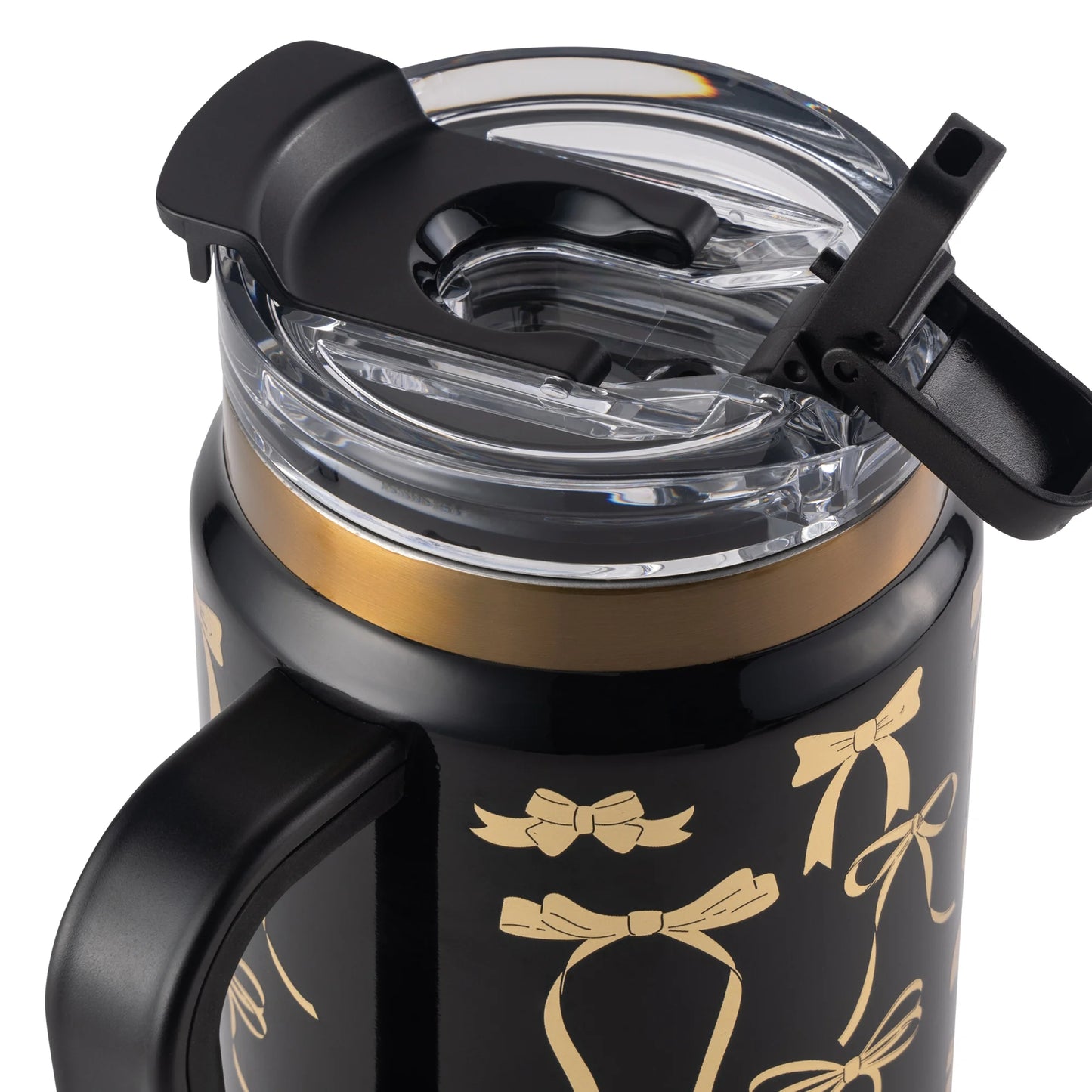32 Fl Oz Stainless Steel Luna Tumbler with Handle and Dual Straw Lid, Black & Gold Bows