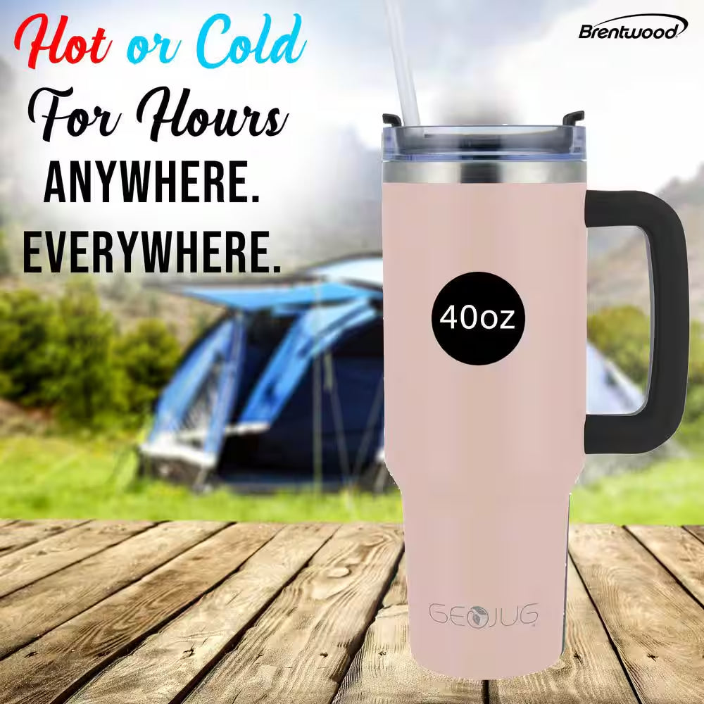40 Oz. Insulated Pink Stainless Steel Tumbler with Lid and Straw