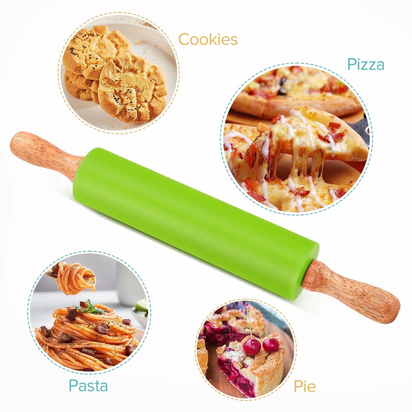 Badiano 2 Pcs 9" 12" Non-Stick Wooden Handle Silicone Rolling Pin Sets for Dough Pizza Pastry, Green