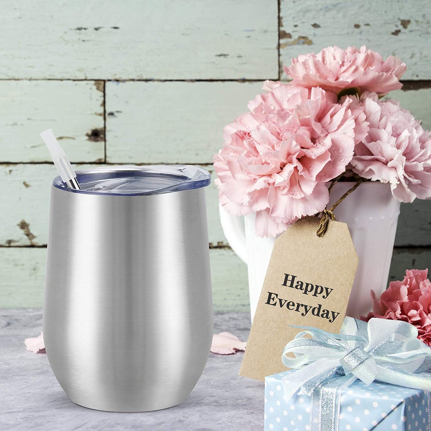12 Pack Stainless Steel Wine Tumblers, 12Oz Double Wall Vacuum Insulated Wine Tumblers with Lids and Straws, Stainless Steel Stemless Wine Glasses for Coffee, Wine, Cocktails, Champaign, Silver