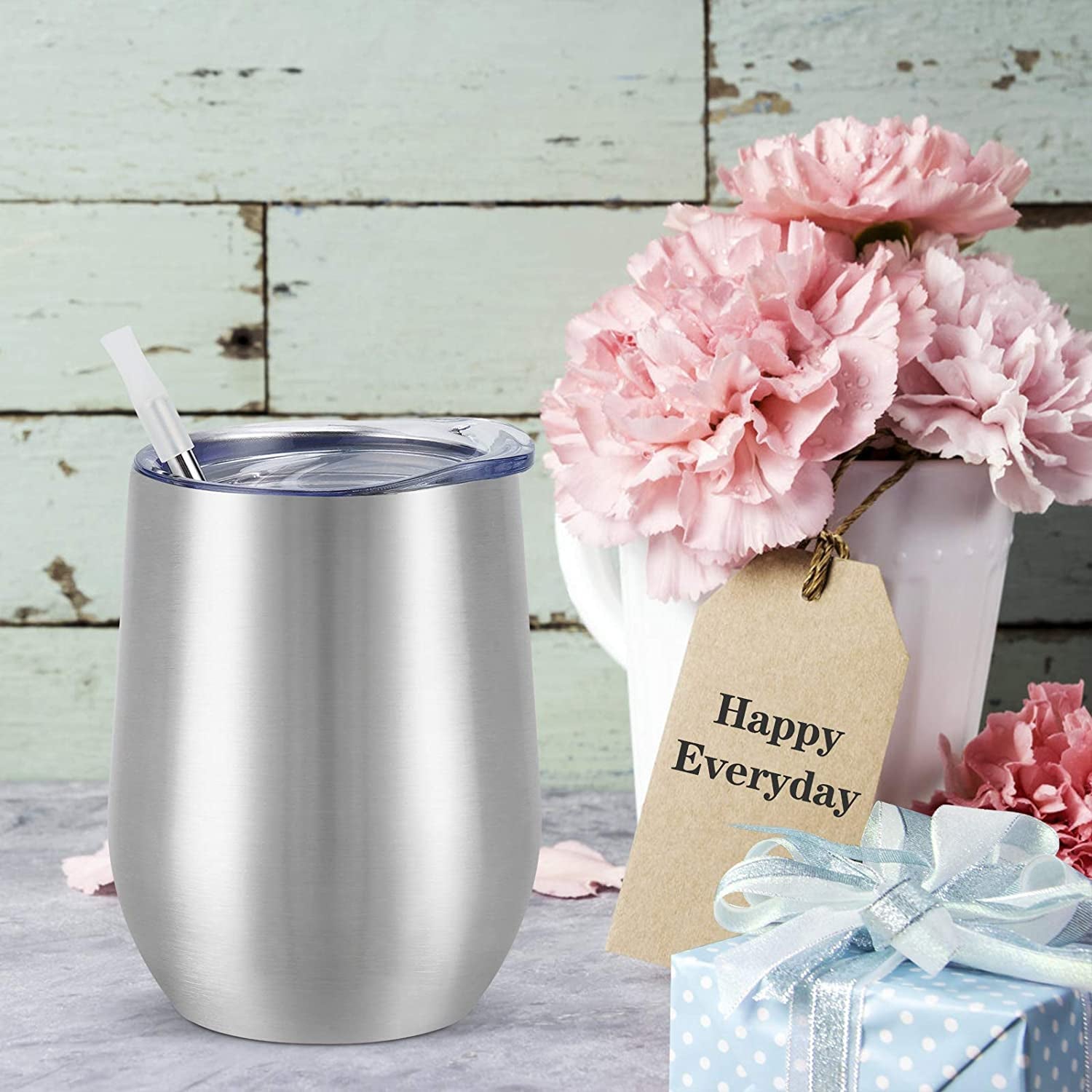 12 Pack Stainless Steel Wine Tumblers, 12Oz Double Wall Vacuum Insulated Wine Tumblers with Lids and Straws, Stainless Steel Stemless Wine Glasses for Coffee, Wine, Cocktails, Champaign, Silver