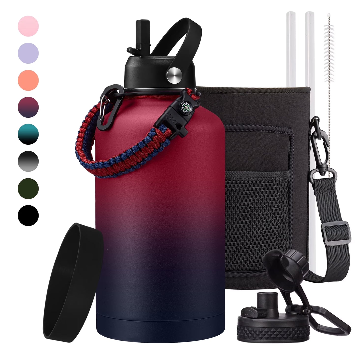 Half Gallon Water Bottle with Straw & Spout Lid, Carrying Pouch, Paracord Handle, 64Oz Water Bottle Triple Wall Thermal Sweat-Proof Gallon Water Jug