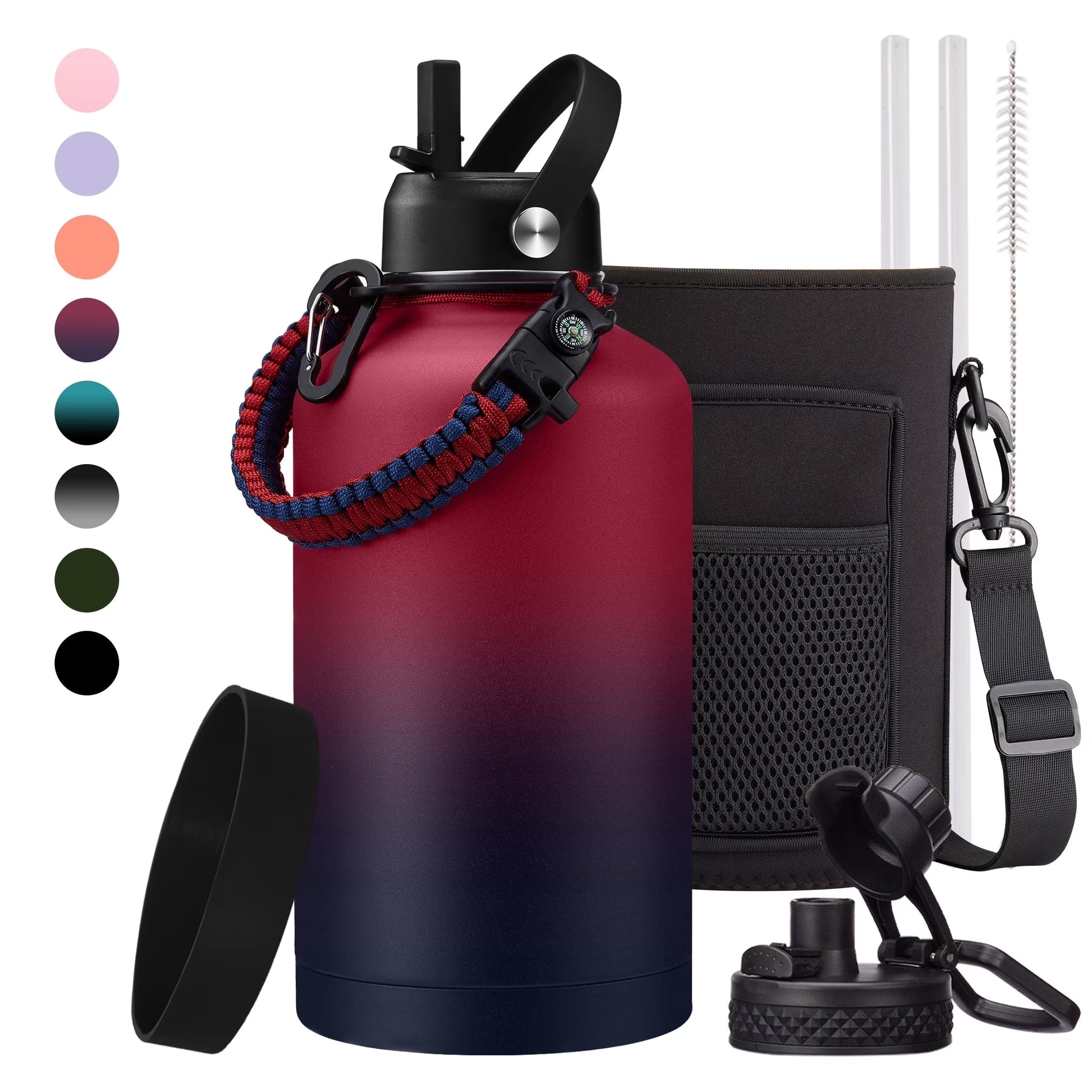 Half Gallon Water Bottle with Straw & Spout Lid, Carrying Pouch, Paracord Handle, 64Oz Water Bottle Triple Wall Thermal Sweat-Proof Gallon Water Jug