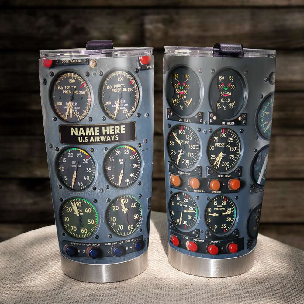 Custom Name Gifts for Pilot Tumbler Cup with Flight Instruments Panel