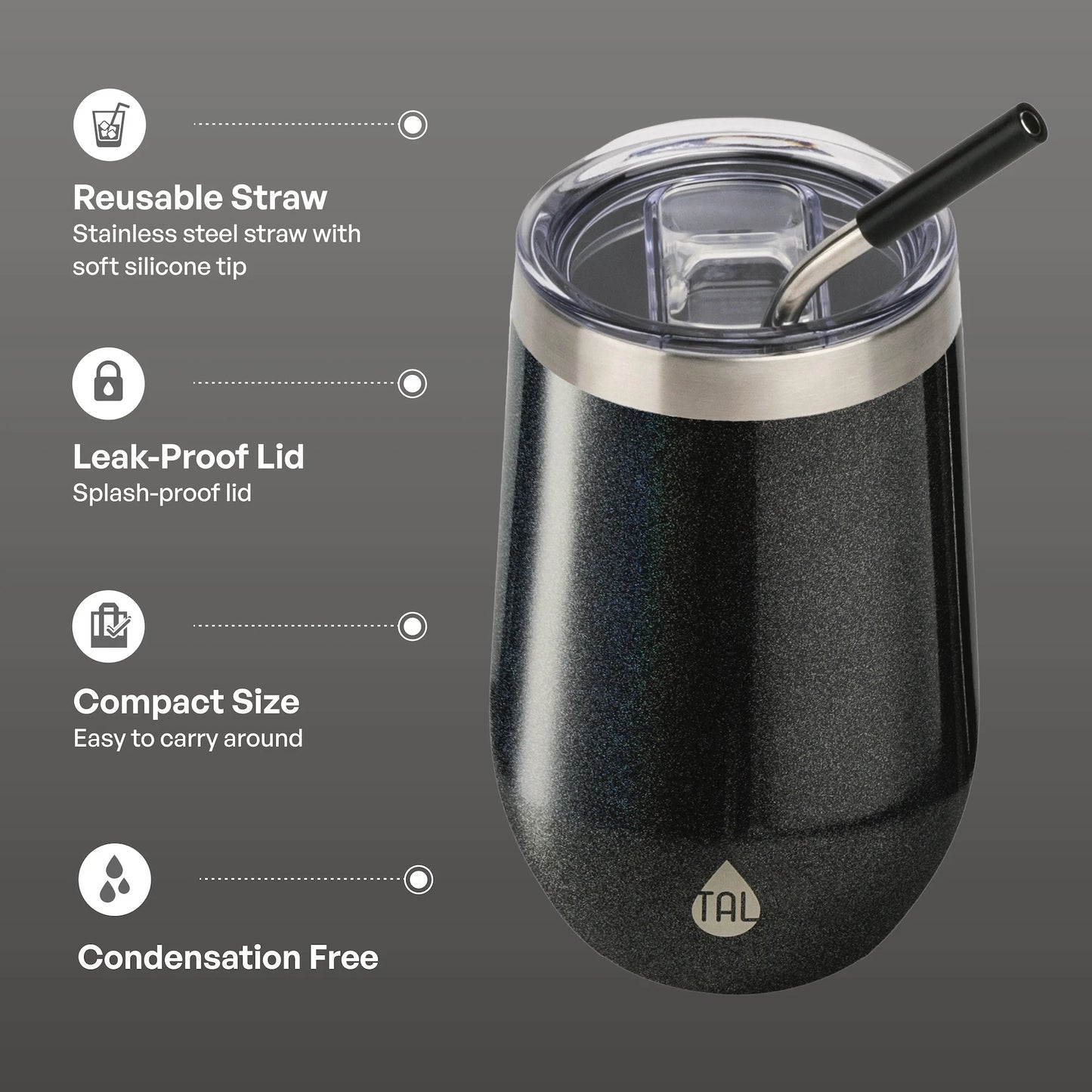 16Oz Stainless Steel Wine Tumbler with Straw, Black Shimmer