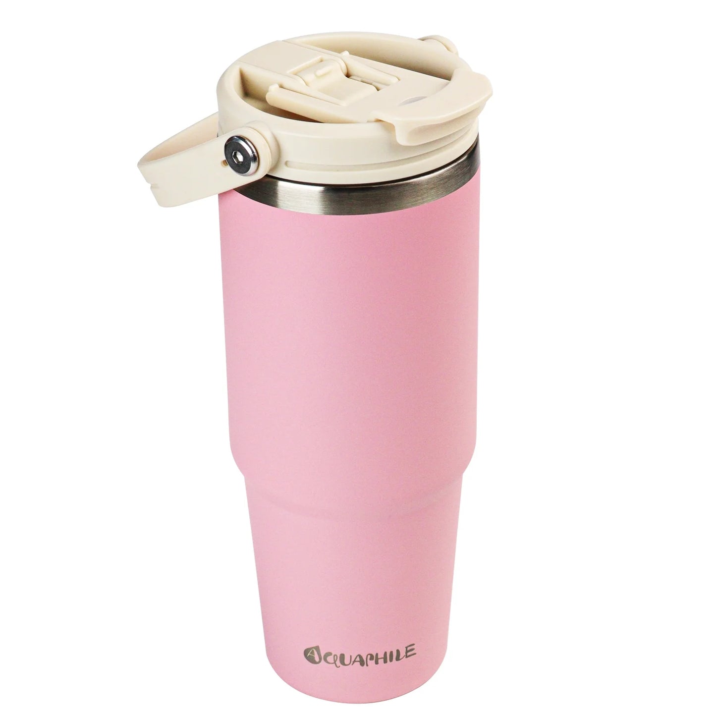 30 Oz Insulated Water Bottles with Straw Lid, Double Walled Vacuum Stainless Steel Travel Tumbler with Handle and Straw, Wide Mouth Thermos Bottle, Pink