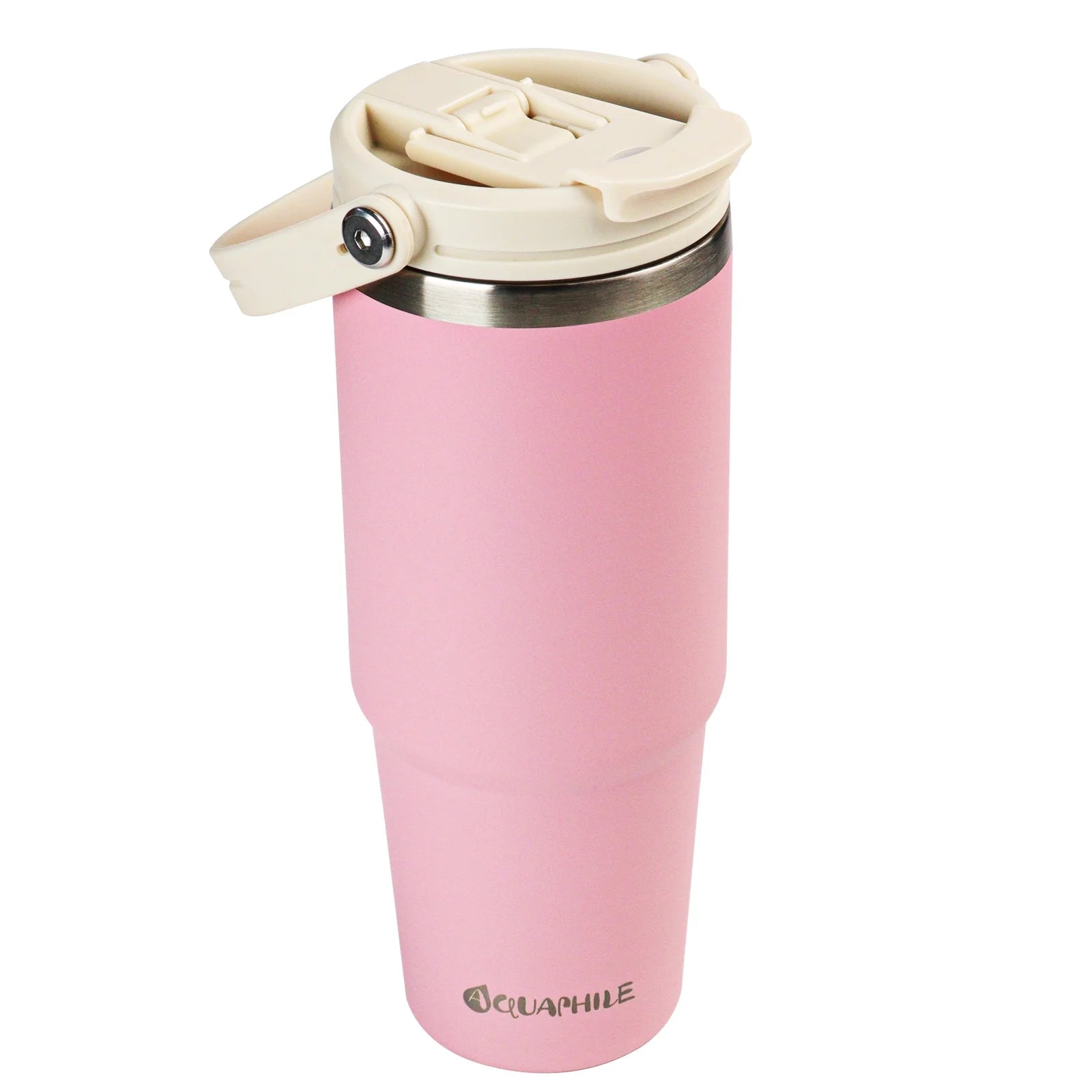 30 Oz Insulated Water Bottles with Straw Lid, Double Walled Vacuum Stainless Steel Travel Tumbler with Handle and Straw, Wide Mouth Thermos Bottle, Pink