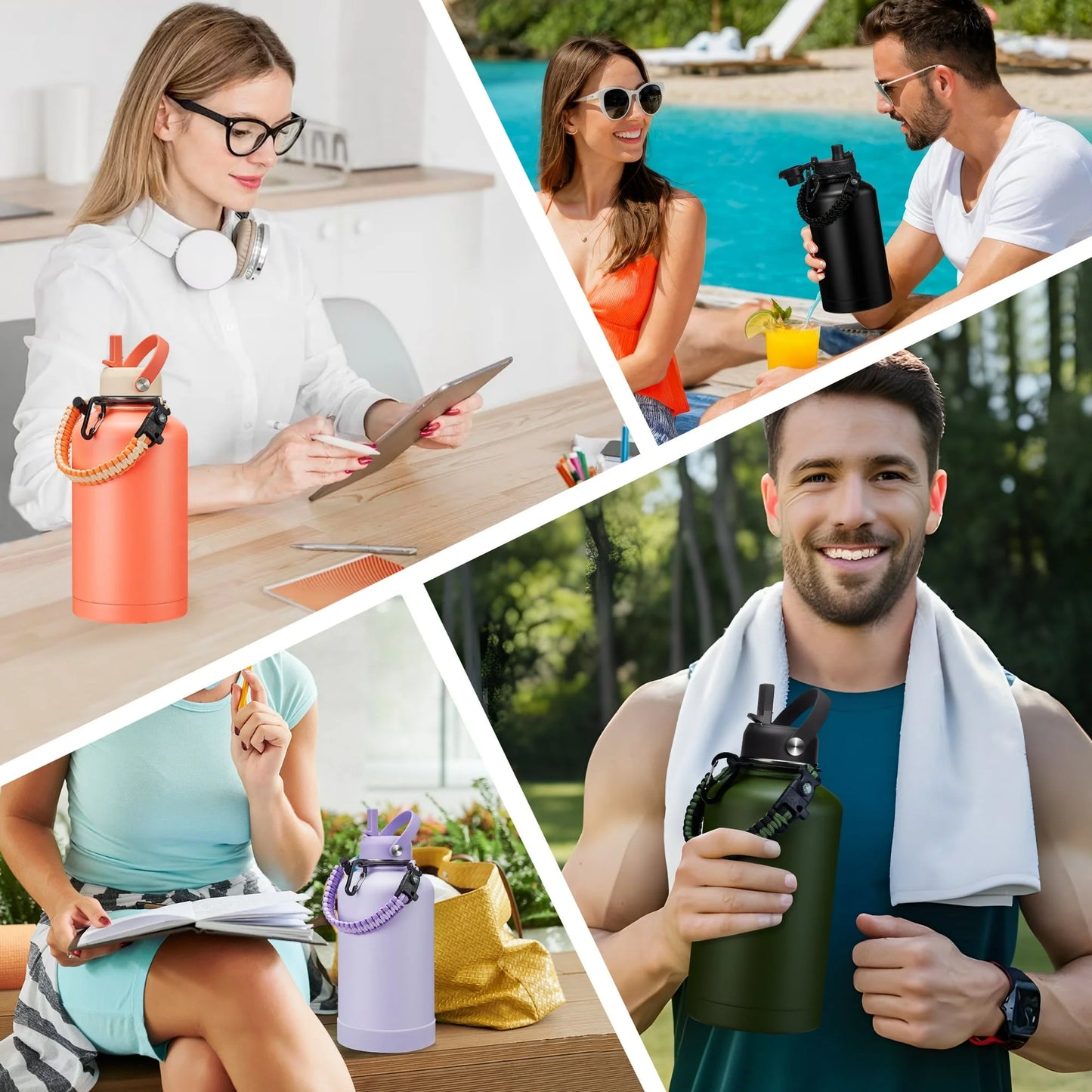 Half Gallon Water Bottle with Straw & Spout Lid, Carrying Pouch, Paracord Handle, 64Oz Water Bottle Triple Wall Thermal Sweat-Proof Gallon Water Jug
