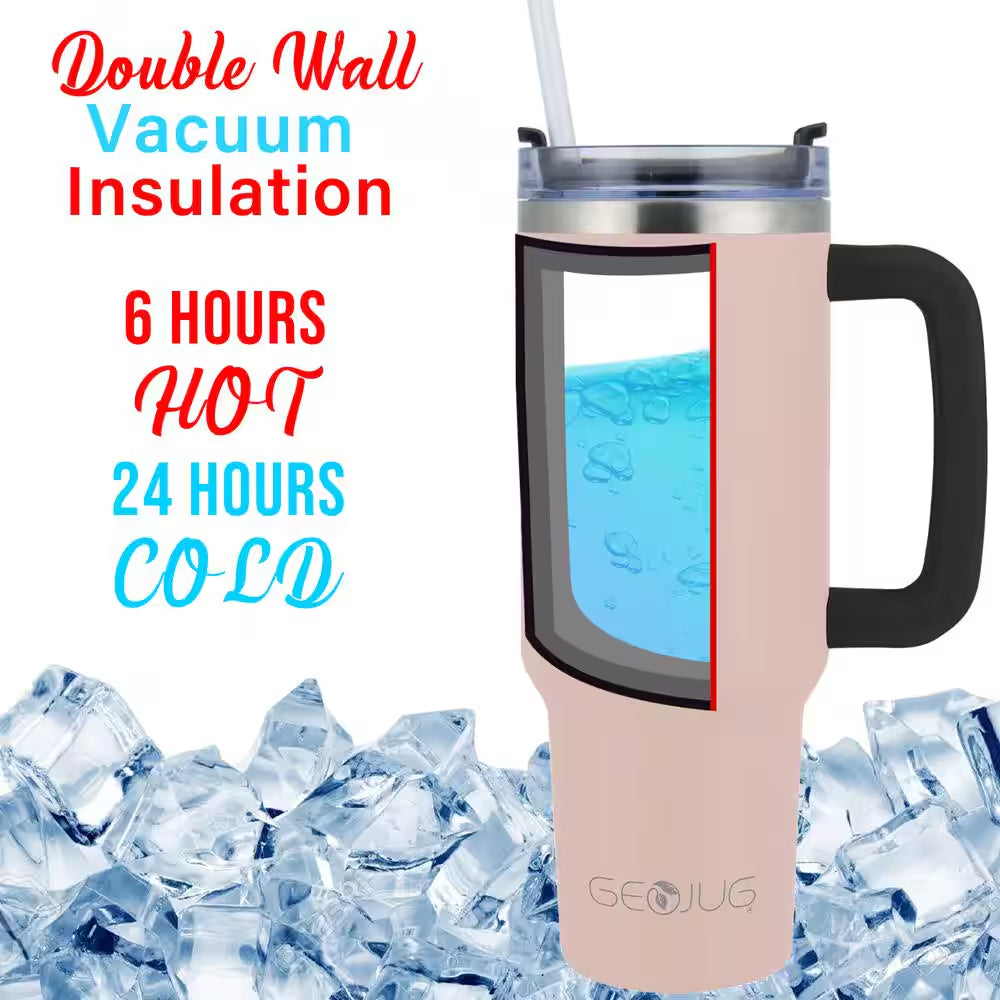 40 Oz. Insulated Pink Stainless Steel Tumbler with Lid and Straw