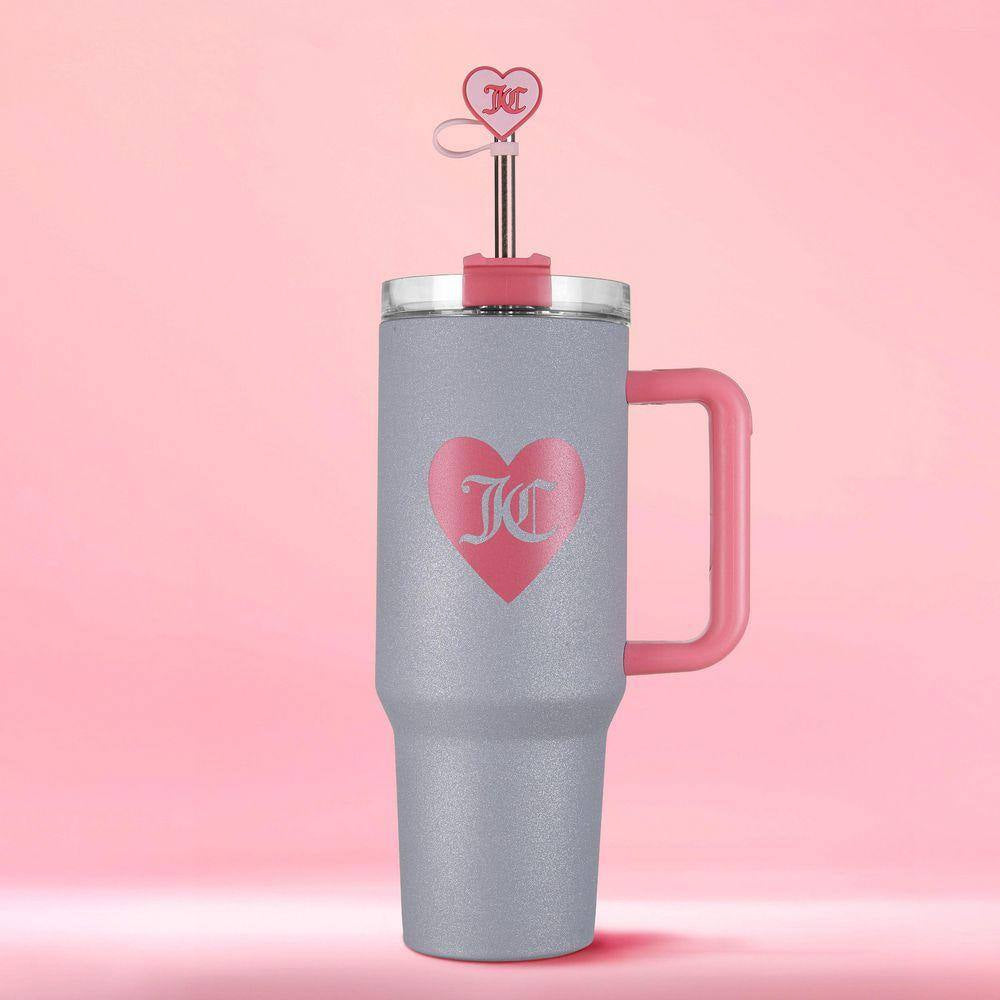 Jetsetter 40 Oz. Glitter Silver Stainless Steel Tumbler with Handle and Straw with Topper