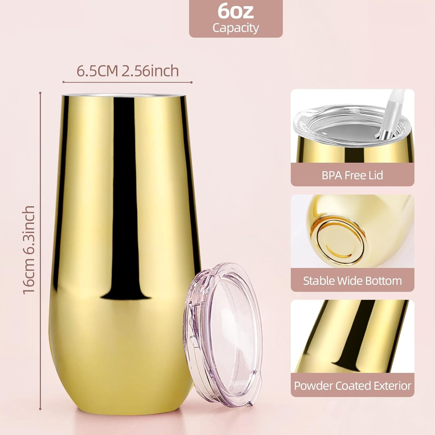 6 Pack Stemless Champagne Tumblers, 6Oz Insulated Stainless Steel Flute Glass for Wedding, Christmas Party, Bride Shower - Gold