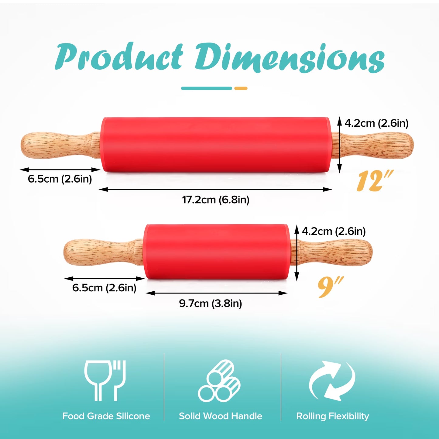 Badiano 2 Pcs Non Stick Wooden Handle 9" 12" Silicone Rolling Pin Sets for Dough Pizza Pastry, Red