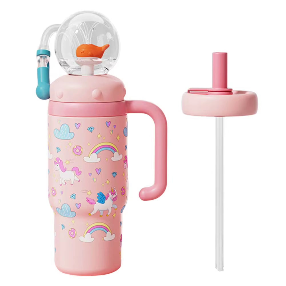 710ML Stainless Steel Whale Fountain Tumbler with Handle Leak Proof Whale Squirt Drinking Cup Water Bottle with Straw Creative G