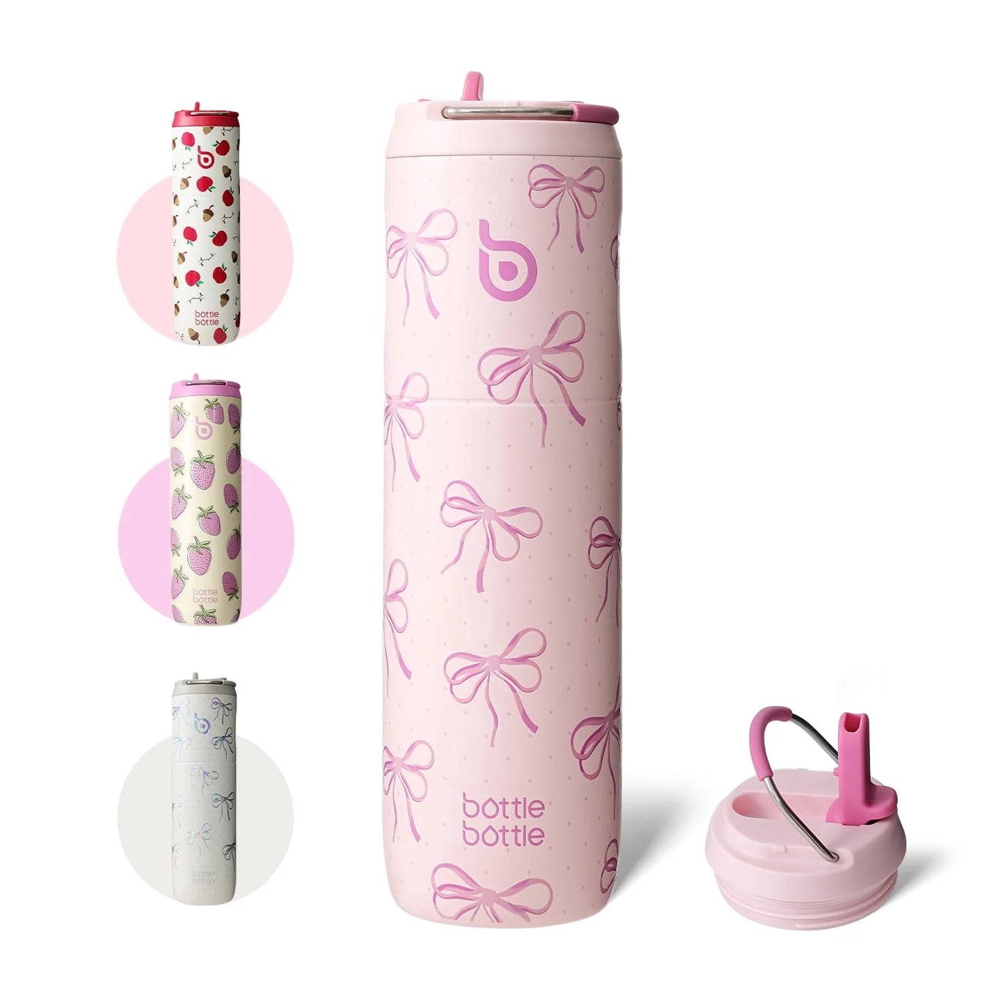 Insulated Water Bottle 24Oz with Straw Lid and Handle for Sports Travel Gym Stainless Steel Water Bottles Double-Wall Vacuum Metal Leak Proof Bpa-Free (Pink Bow)